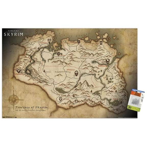 The Elder Scrolls V: Skyrim - Map Wall Poster with Pushpins, 22.375" x 34"
