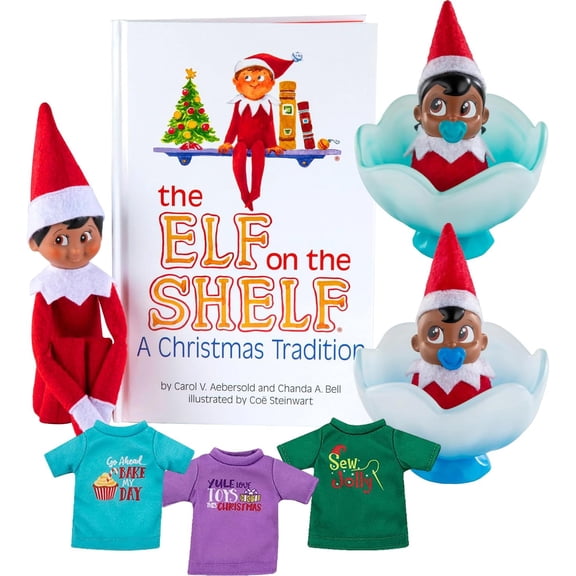 The Elf on The Shelf Bundle: Scout Elf Boy Dark Tone, Boy & Girl Dark Tone Frost Pips and 3 Elf T-Shirts