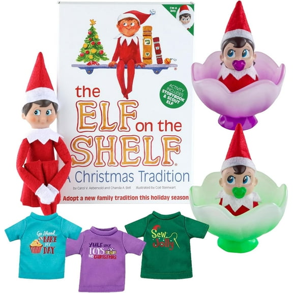 The Elf on The Shelf Bundle: Scout Elf Boy Light Tone, Boy & Girl Frost Pips and 3 Elf T-Shirts