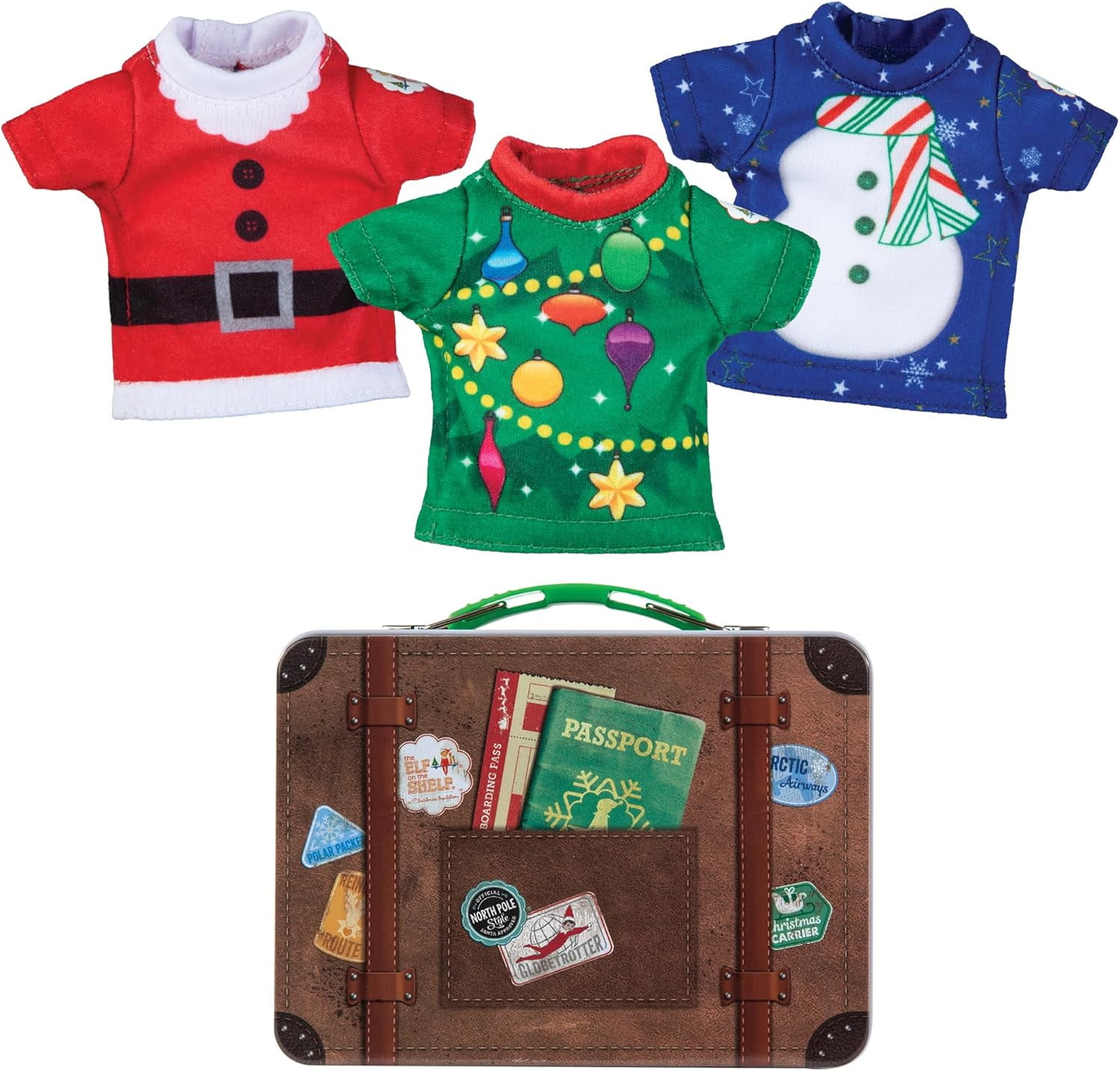 The Elf on the Shelf Claus Couture Christmas Party T-Shirts for Your Scout Elf - Includes Three Christmas Themed tees with Collectible tin Suitcase