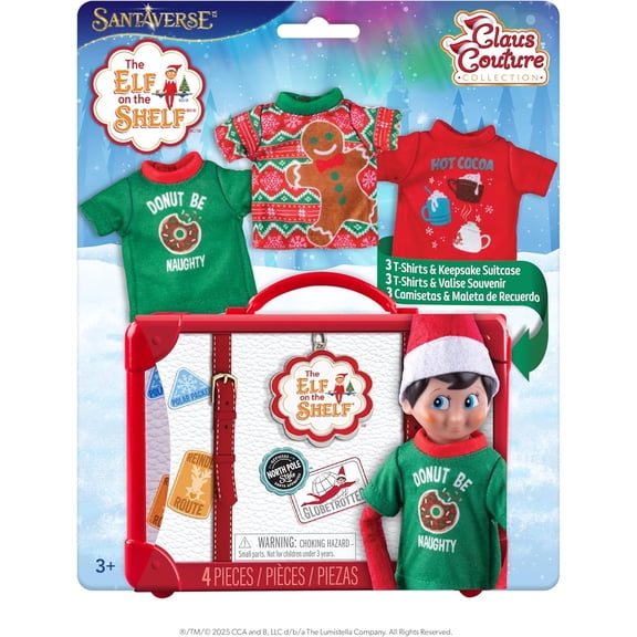 The Elf on the Shelf Claus Couture Festive Fun T-Shirt Set for Scout Elf, 3 Tees with Keepsake Suitcase, Elf Not Included, Ages 3+