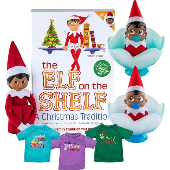 The Elf on the Shelf Holiday Magic Bundle – Dark-Tone Girl Scout Elf, Frost Pips Boy & Girl, and 3 Elf T-Shirts