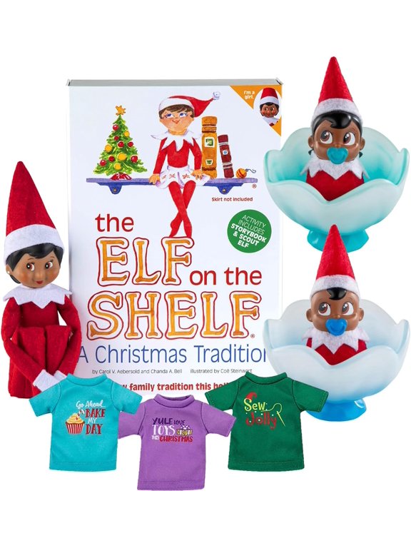Holiday Magic Bundle Dark-Tone Girl Scout Elf, Frost Pips Boy & Girl, and 3 Elf T-Shirts