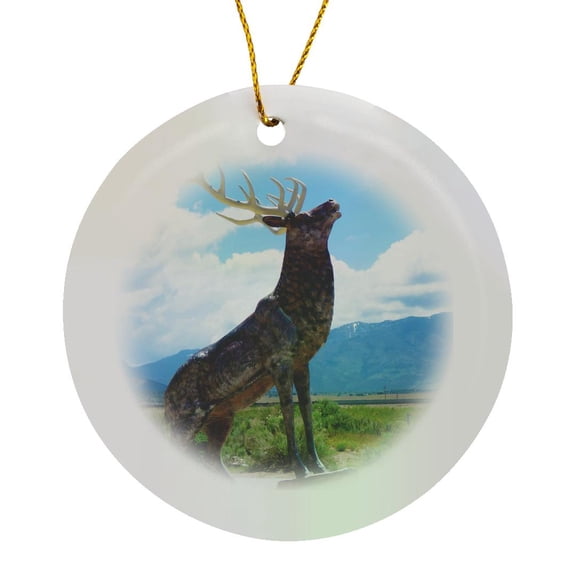 3drose, the Elk Statue in Beaver Utah with Blue Sky and Some Clouds, Circle Porcelain Ornament