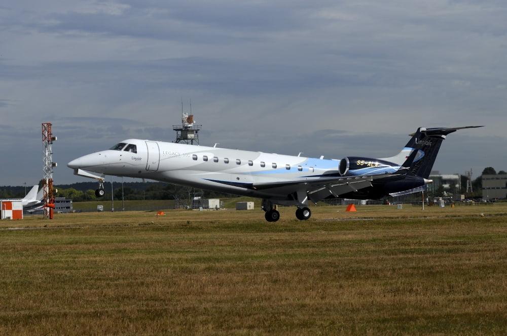 The Embraer Legacy 500 at Farnborough Airport England Canvas Art - Riccardo NiccoliStocktrek Images (34 x 23)