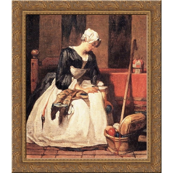 The Embroiderer 20x22 Gold Ornate Wood Framed Canvas Art by Chardin, Jean Baptiste Simeon