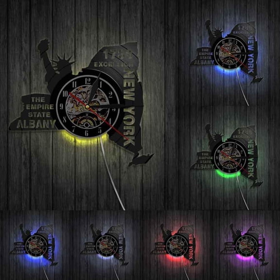 The Empire State Albany Vinyl Record Wall Art Wall Clock Excelsior New York Modern Wall Clock Statue of Liberty Decorative Clock With LED