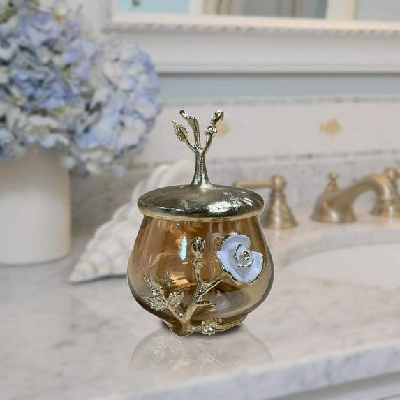 Decozen Enamelled Collection Cotton Ball Holder Gold Finish Pearl Enamel Containers Cotton Balls