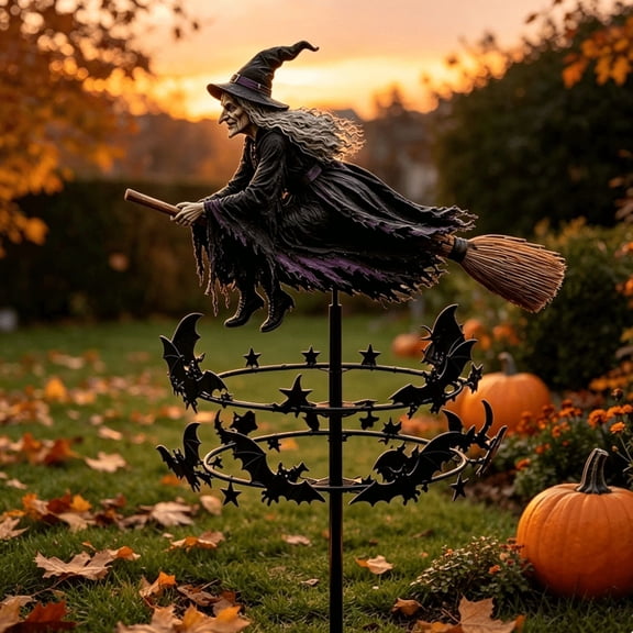 The Enchanted Witch Garden Wind Spinner, Metal Halloween Decorations Outdoor with Kinetic Bat Spinner & Ground Stake for Yard Pathway