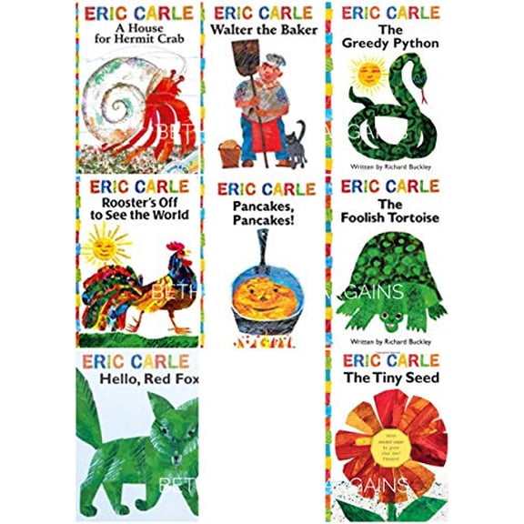 Pre-Owned The Eric Carle Library Featuring 8 Classic Board Books Boxed Set [The Greedy Python, The Foolish Toroise, Rooster's Off to See the World, Walter the Baker, A House for Hermit Crab, Pancakes Pancakes!,