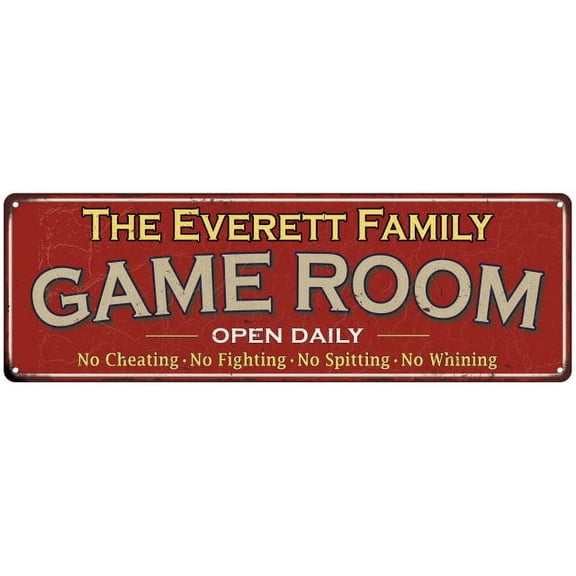 The Everett Family Gift Red Game Room Metal 6x18 Sign 206180038793