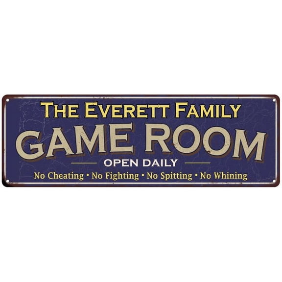 The Everett Family Personalized Blue Game Room Metal 6x18 Sign 206180037793