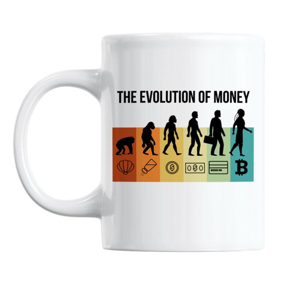 The Evolution of Money, Funny Bitcoin White Ceramic Coffee & Tea Mug (11oz)