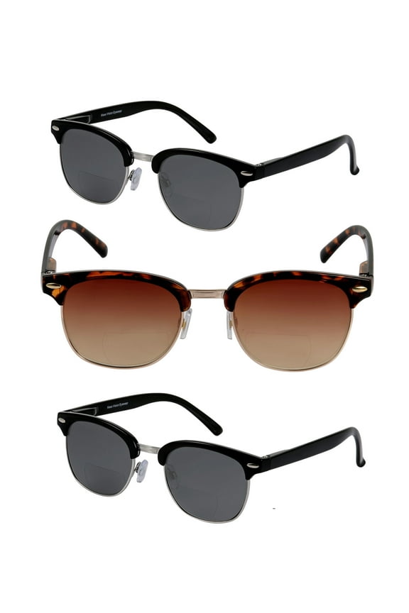 "The Executive" 3 Pair of Classic Unisex Semi-Rimless Bifocal Reading Sunglasses with Maximum UV Protection & Spring Hinges - Black/Tortoise - 2.25