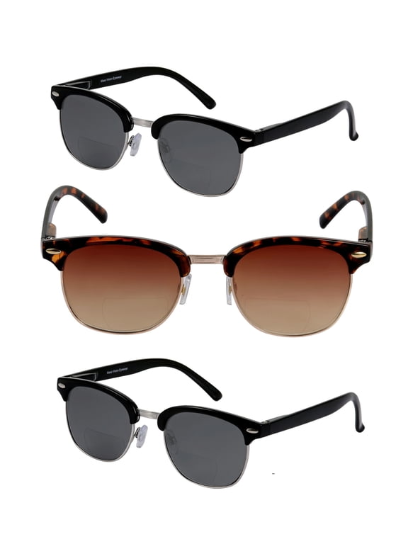 "The Executive" 3 Pair of Classic Unisex Semi-Rimless Bifocal Reading Sunglasses with Maximum UV Protection & Spring Hinges - Black/Tortoise - 2.50