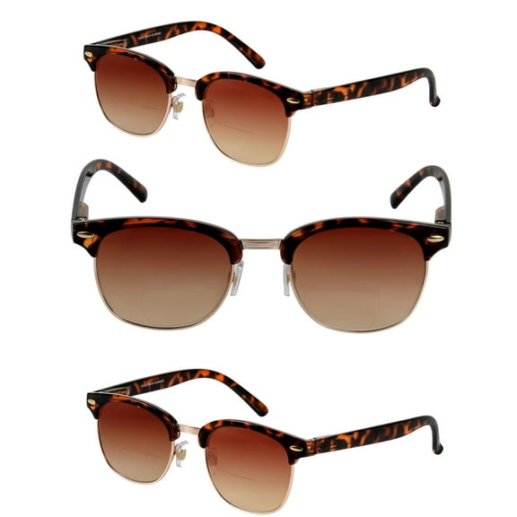 "The Executive" 3 Pair of Classic Unisex Semi-Rimless Bifocal Reading Sunglasses with Maximum UV Protection & Spring Hinges - Tortoise - 2.25