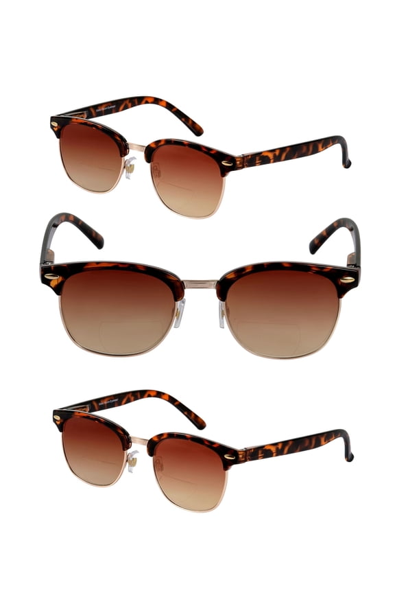 "The Executive" 3 Pair of Classic Unisex Semi-Rimless Bifocal Reading Sunglasses with Maximum UV Protection & Spring Hinges - Tortoise - 2.50