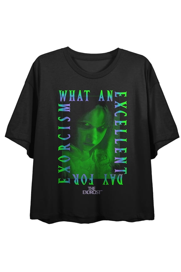 The Exorcist What An Excellent Day For Exorcism Crew Neck Short Sleeve Women's Black Crop T-shirt-Large