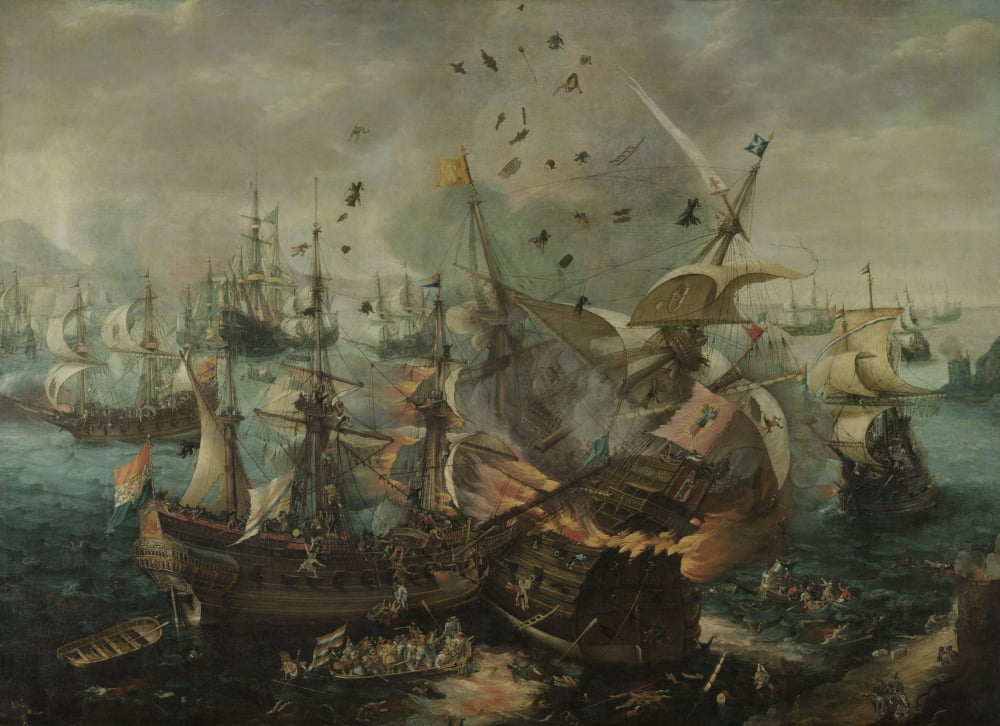The Explosion Of The Spanish Flagship During The Battle Of Gibraltar Canvas Art - (24 x 18)