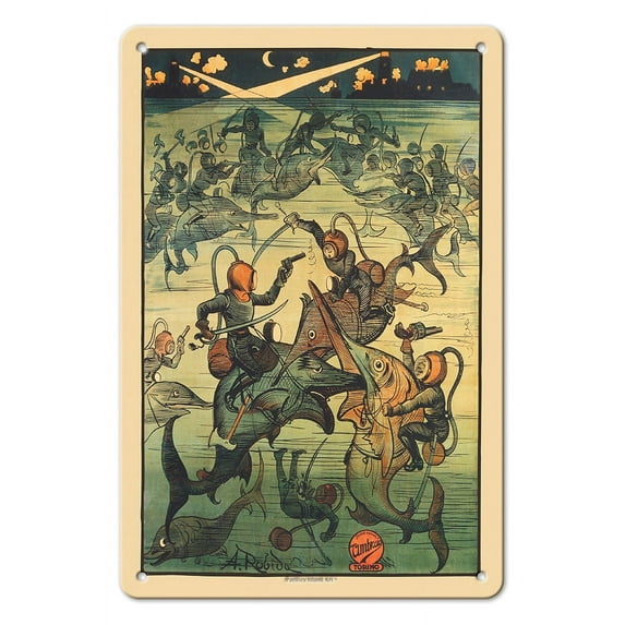 The Extraordinary Adventure of Saturnio Farandola - Vintage Italian Silent Film Movie Poster by Albert Robida c.1913 - 8 x 12 inch Vintage Metal Tin Sign