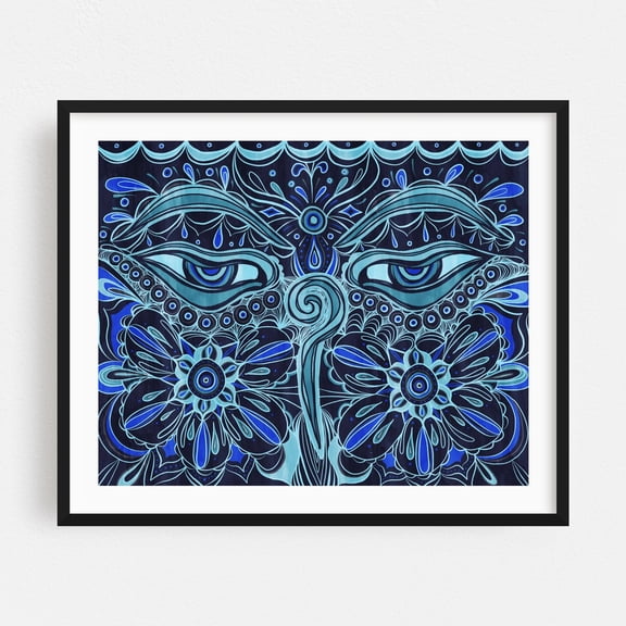 The Eyes of Buddha - Digital Art Psychedelic Abstract Surrealism Floral Geometric Pattern Modern Art Black Framed Wall Art Print 8 x 10 inches