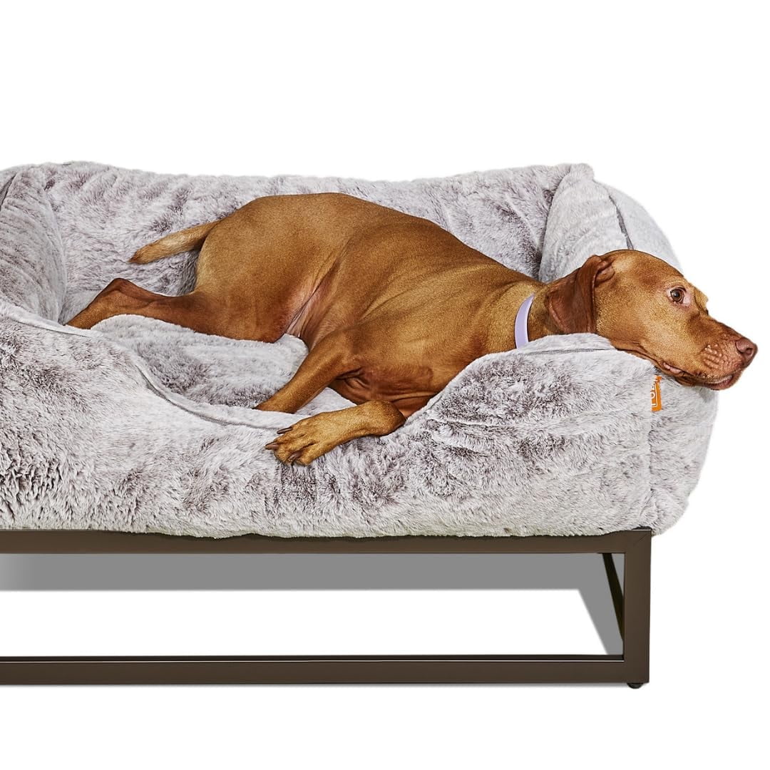 Medium Light Grey Plush Bolster Elevated Dog Bed