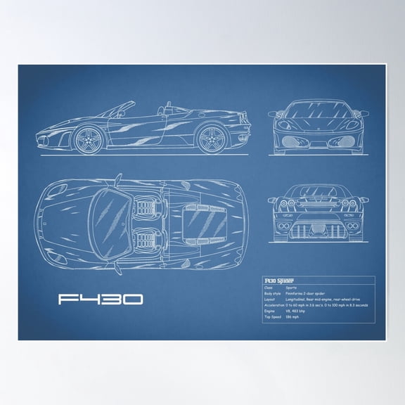 The F430 Blueprint Poster Wall Art, Modern Wall Decor, 24x36 UNFRAMED