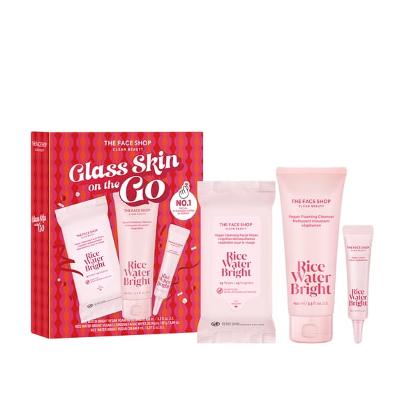The Face Shop Rice Water Bright Glass Skin On The Go Set with Cleanser, Wipes, and Cream