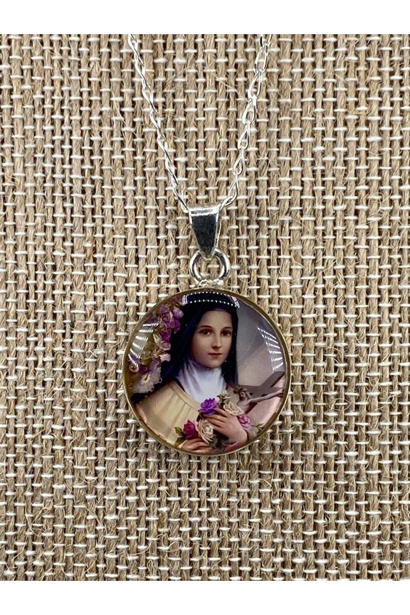 Our Lady of Grace Round Locket with Metal Chain Blue Background