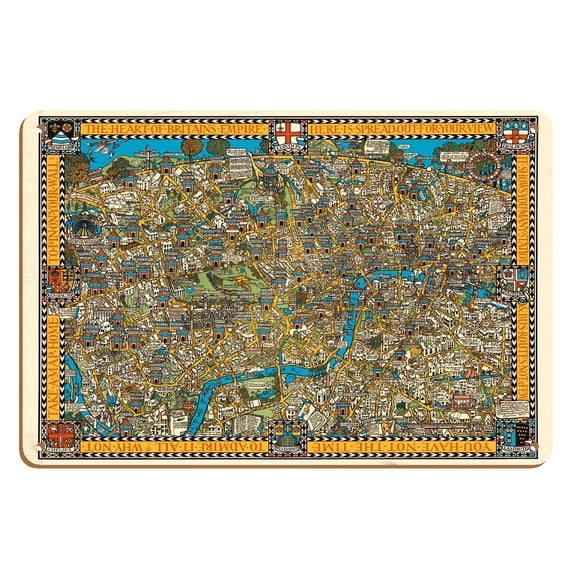 The Famous Wonderground Map of London Town England - Underground Railways - Vintage Pictorial Map by MacDonald (Max) Gill c.1915 - 8 x 12 inch Vintage Wood Art Sign