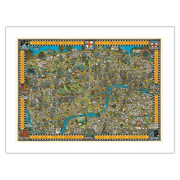 The Famous Wonderground Map of London Town England - Underground Railways - Vintage Pictorial Map by MacDonald (Max) Gill c.1915 - Fine Art Matte Paper Print (Unframed) 18x24in