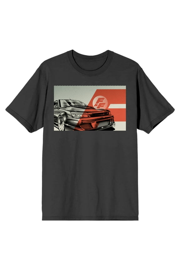 The Fast & the Furious Title Logo and Monochromatic Car Men's Charcoal Gray Graphic Tee-XL