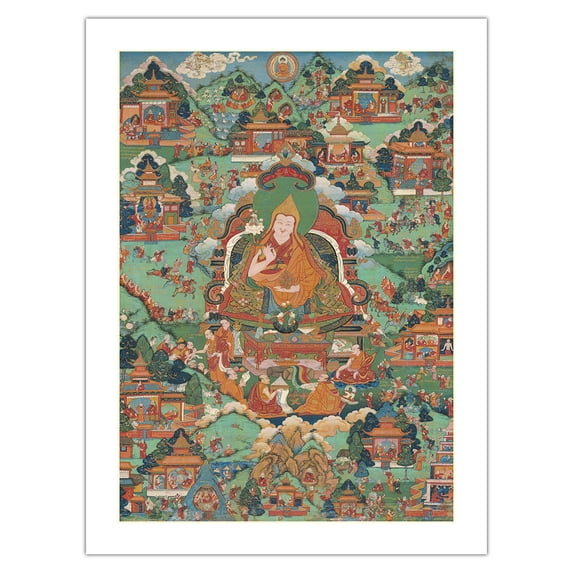 The Fifth Dalai Lama - Ngawang Losang Gyatso (1617-1682) - Vintage Tibetan Thangka Buddhist Painting - Tibet, 19th Century - Bamboo Fine Art 290gsm Paper Print (Unframed) 18x24in