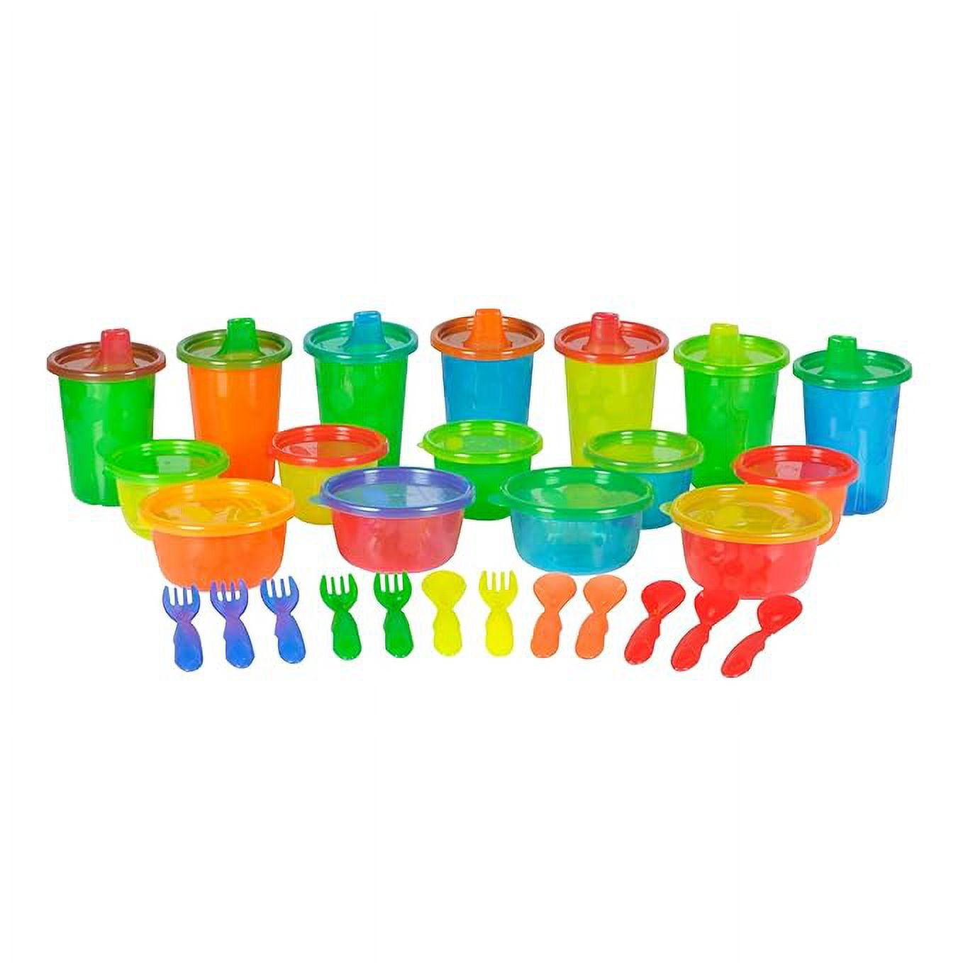 The First Years Take and Toss Toddler Feeding Set Includes Dishwasher Safe Toddler Bowls, Toddler Snack Cups, Toddler Forks and Spoons, and Toddler Sippy Cups with Snap-On Lids 28 Count