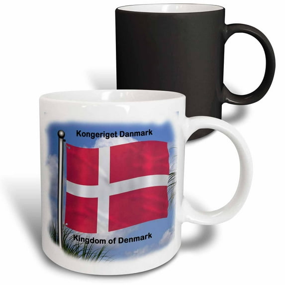 3drose, the Flag of Denmark Waving Against the Sky with the Kingdom of Denmark Written in English and Danish, 11oz Magic Transforming Mug