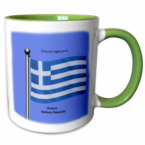 3drose, the Flag of Greece Waving on a Blue Background with Greece, Hellenic Republic in English and Greek., 11oz Two-tone Green Mug