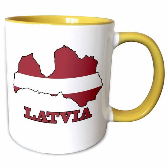 3drose, the Flag of Latvia in the Outline Map of the Country and Name Latvia, 15oz Two-tone Yellow Mug