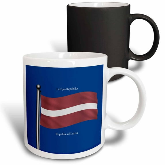 3drose, the Flag of Latvia on a Blue Background with Republic of Latvia in English and Latvian, 11oz Magic Transforming Mug