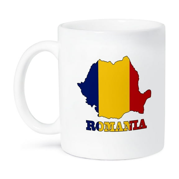 3dRose, The flag of Romania in the outline map and name of the country, Romania., 11oz Mug