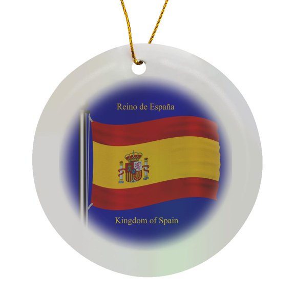 The Flag Of Spain On A Blue Background With Kingdom Of Spain In English And Spanish. , Circle Porcelain Ornament