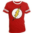 thumbnail image 1 of The Flash Distressed Logo With Striped Sleeves Red Adult T-Shirt, 1 of 3