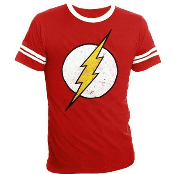 The Flash Distressed Logo With Striped Sleeves Red Adult T-Shirt