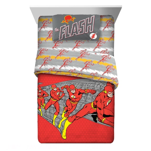 The Flash Kids 4 Piece Classic Comic Red Gray Yellow Reversible Comforter, Bed in a Bag, Twin
