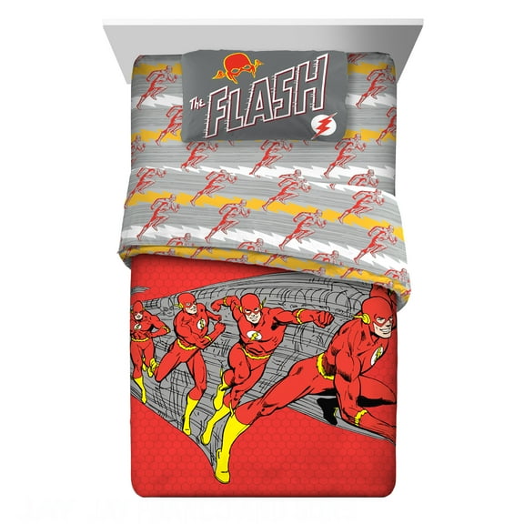 The Flash Kids 4 Piece Classic Comic Red Gray Yellow Reversible Comforter, Bed in a Bag, Twin