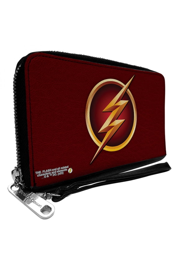 The Flash Logo Burgundy and Gold PU Leather Zip Around Wallet