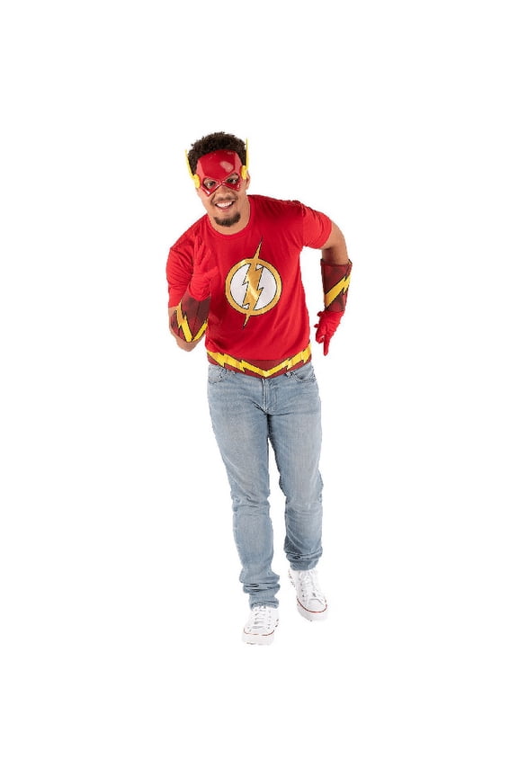 The Flash Men's Short Sleeve T-Shirt, Belt, Gloves & Mask Costume Set (XL)