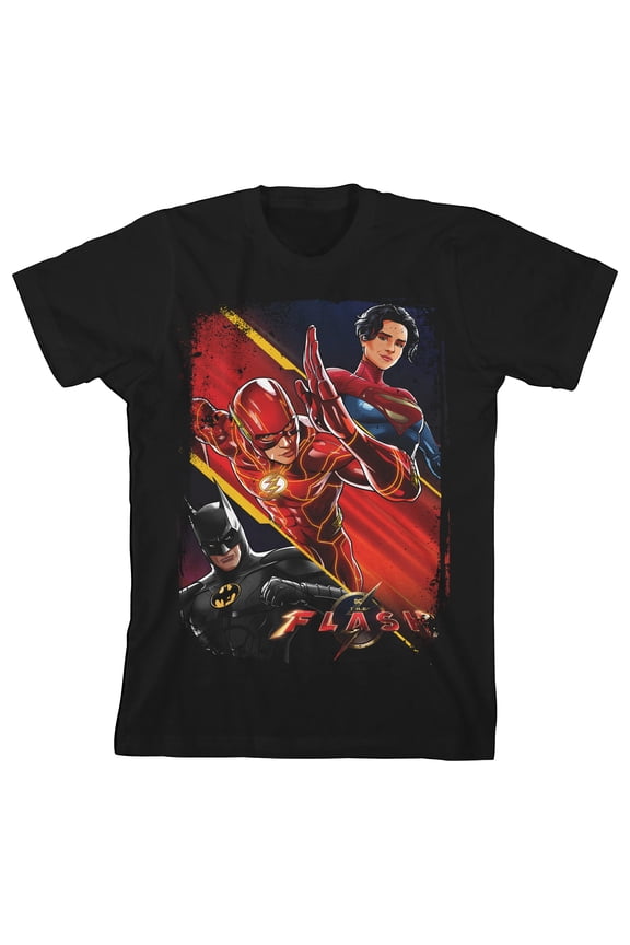 The Flash Movie Distressed Edges Character Group Poster Art Crew Neck Short Sleeve Boys' Black T-shirt-Small