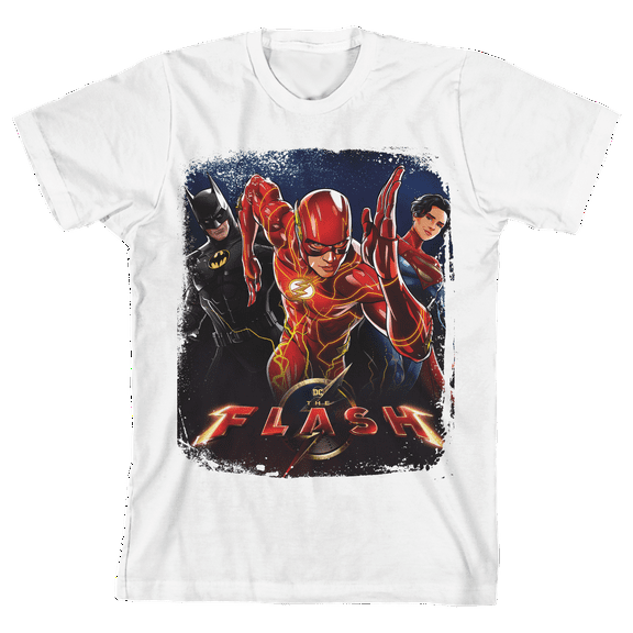 The Flash Movie Distressed Edges Character Group Poster Art With Logo Crew Neck Short Sleeve Boys' White T-shirt-XL