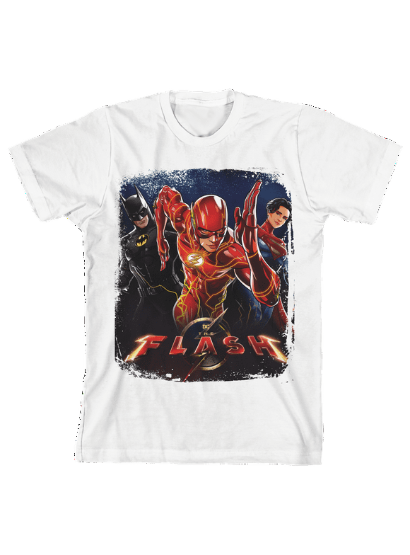 The Flash Movie Distressed Edges Character Group Poster Art With Logo Crew Neck Short Sleeve Boys' White T-shirt-XL