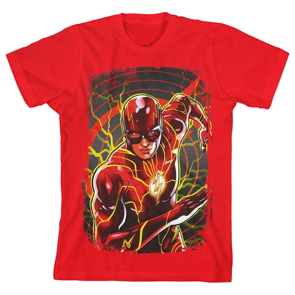 The Flash Movie Distressed Edges Character Key Art Crew Neck Short Sleeve Red Boy's T-shirt-Large